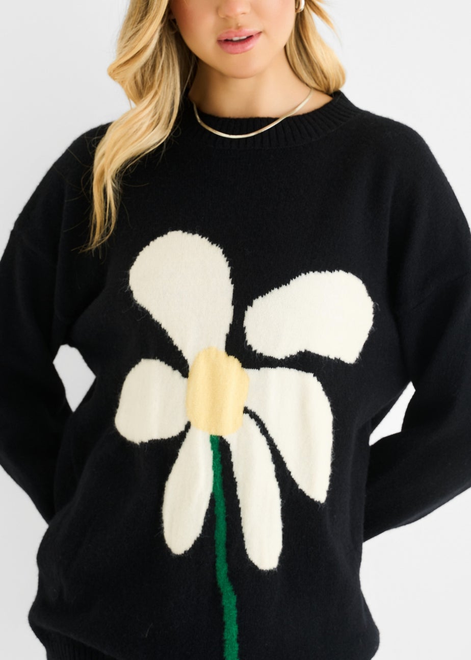 Gini London Black Paint Flower Knit Oversized Long Jumper