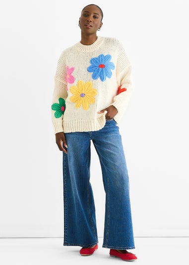 Gini London Cream Floral Crochet Chunky Knit Oversized Jumper