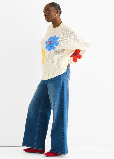 Gini London Cream Floral Crochet Chunky Knit Oversized Jumper