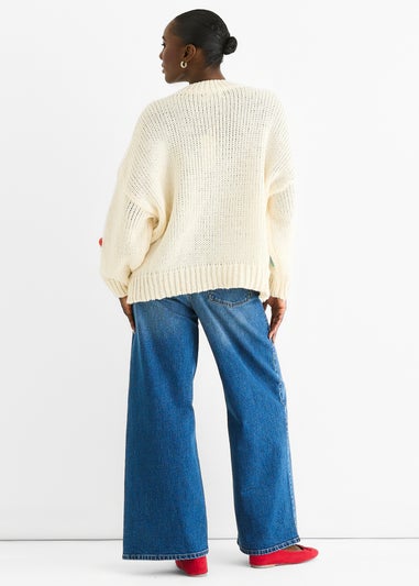 Gini London Cream Floral Crochet Chunky Knit Oversized Jumper