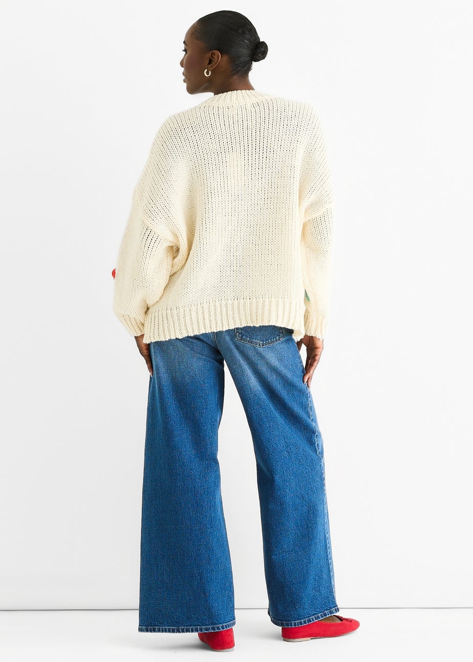 Gini London Cream Floral Crochet Chunky Knit Oversized Jumper