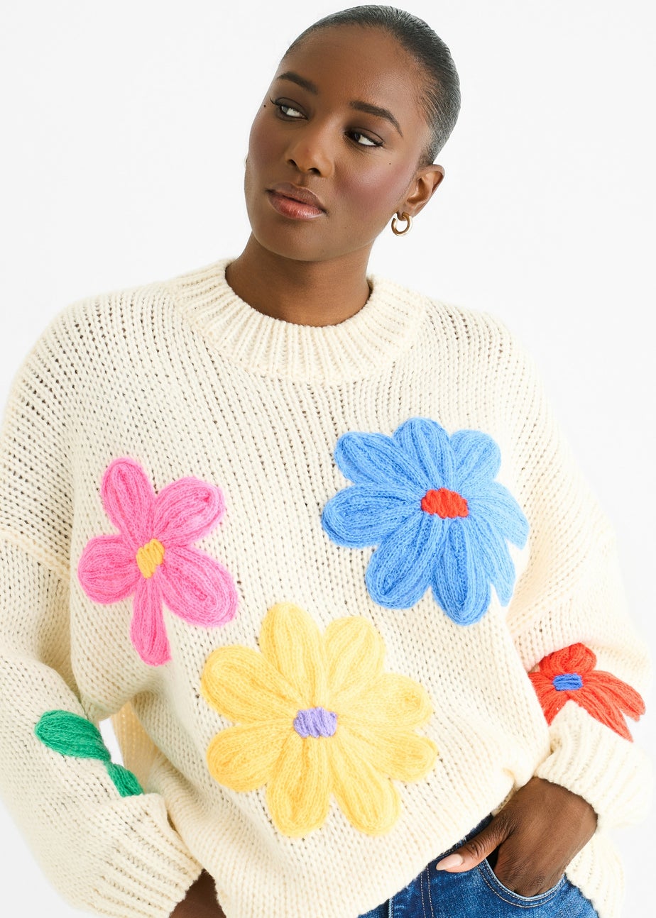 Gini London Cream Floral Crochet Chunky Knit Oversized Jumper