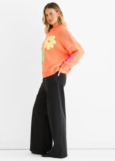 Gini London Orange Floral Crochet Chunky Knit Oversized Jumper