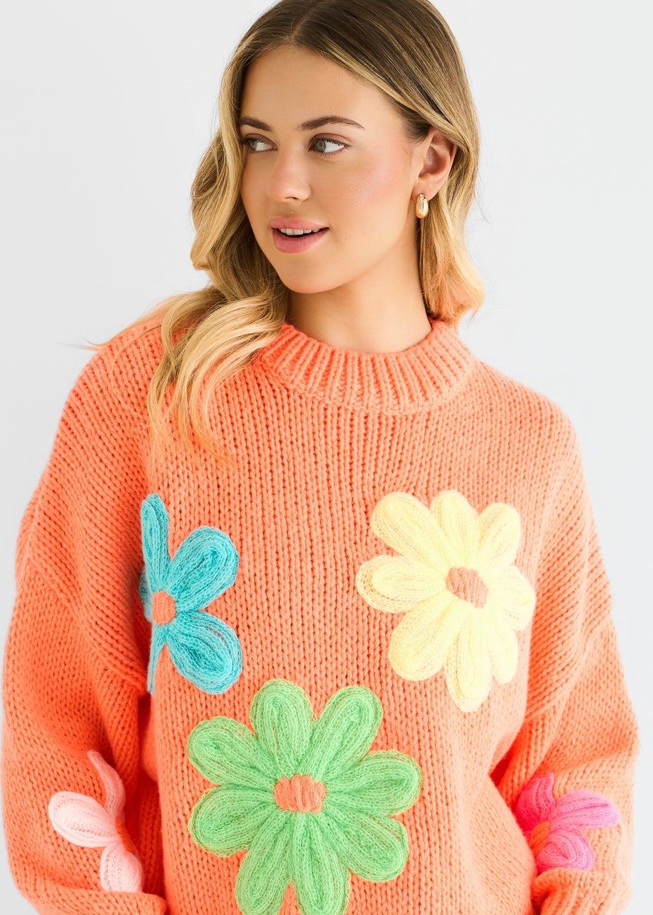 Gini London Orange Floral Crochet Chunky Knit Oversized Jumper