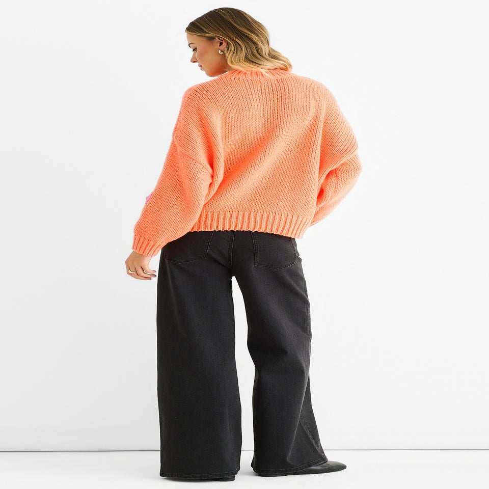 Gini London Orange Floral Crochet Chunky Knit Oversized Jumper