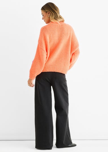 Gini London Orange Floral Crochet Chunky Knit Oversized Jumper