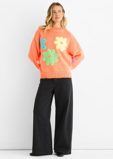 Gini London Orange Floral Crochet Chunky Knit Oversized Jumper