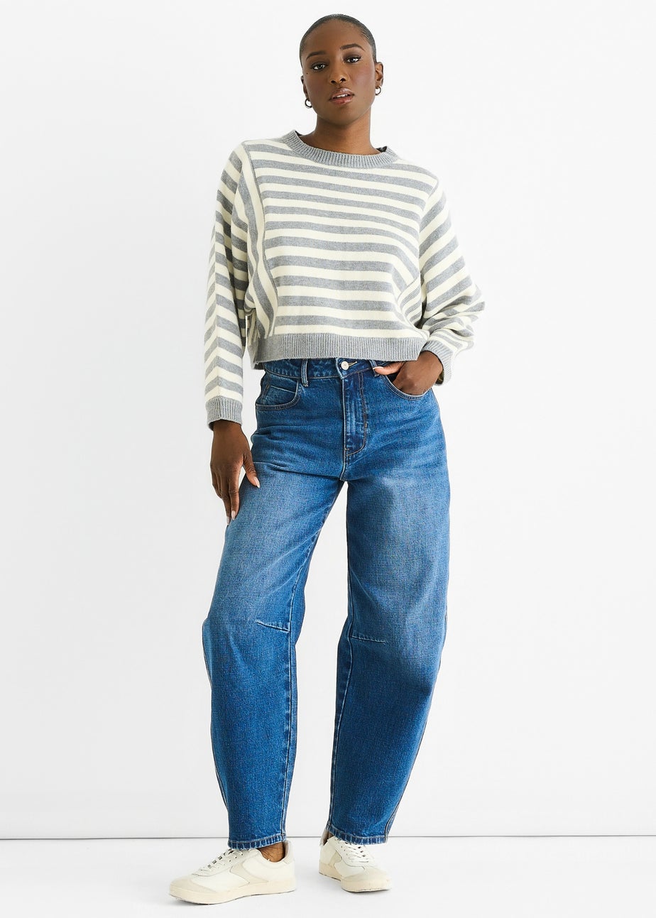 Gini London Grey Recycle Contrast Stripe Loose Fit Knit Jumper