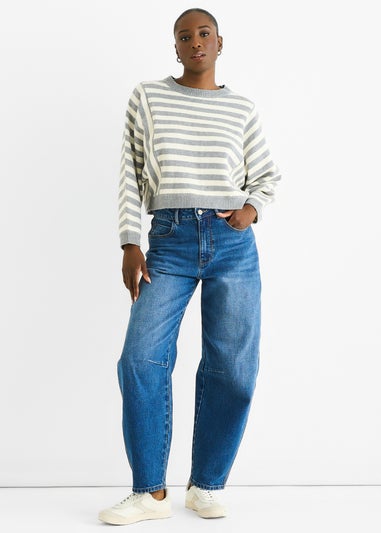 Gini London Grey Recycle Contrast Stripe Loose Fit Knit Jumper