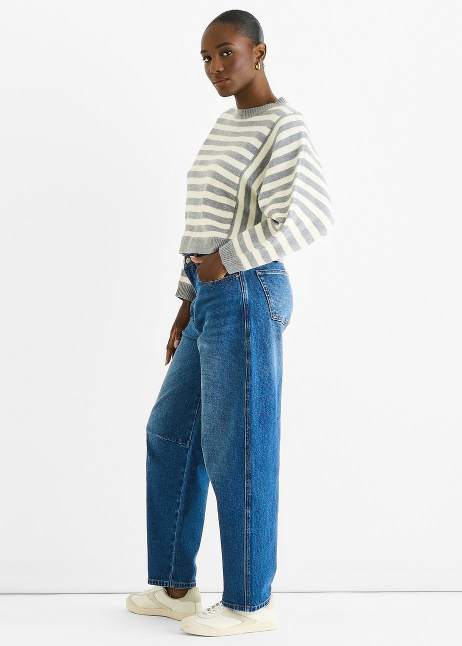 Gini London Grey Recycle Contrast Stripe Loose Fit Knit Jumper