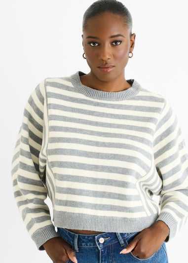 Gini London Grey Recycle Contrast Stripe Loose Fit Knit Jumper