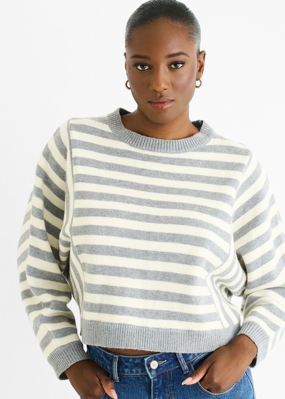 Gini London Grey Recycle Contrast Stripe Loose Fit Knit Jumper