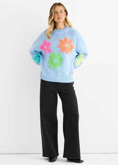 Gini London Blue Floral Crochet Chunky Knit Oversized Jumper