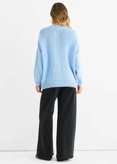 Gini London Blue Floral Crochet Chunky Knit Oversized Jumper