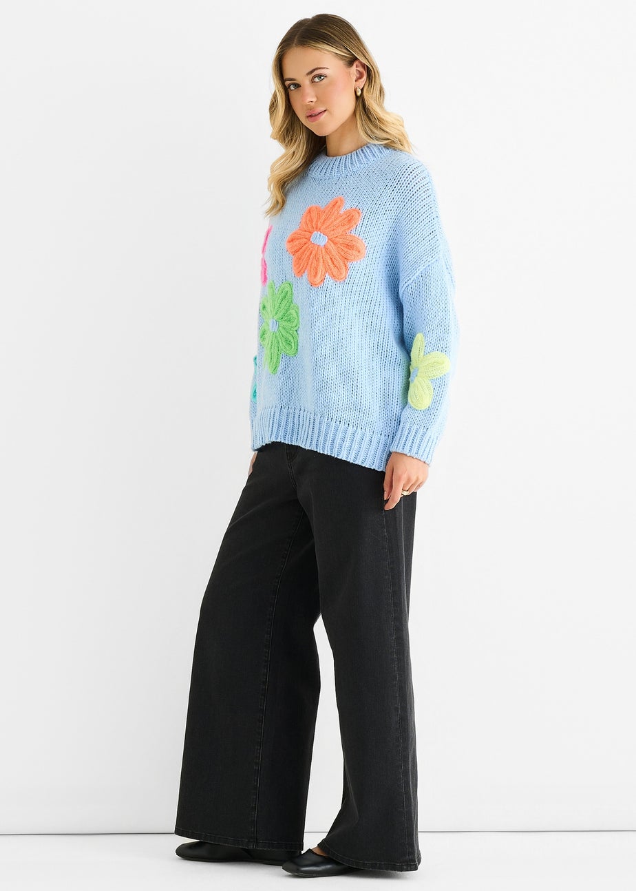 Gini London Blue Floral Crochet Chunky Knit Oversized Jumper