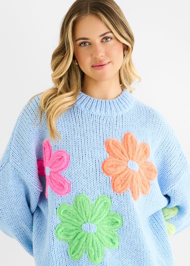 Gini London Blue Floral Crochet Chunky Knit Oversized Jumper