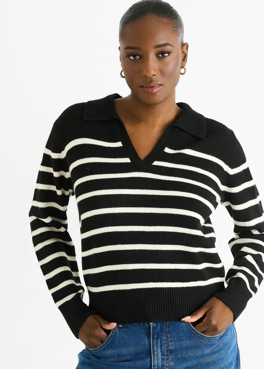 Gini London Black Recycle Stripe V Neck Collar Knit Jumper