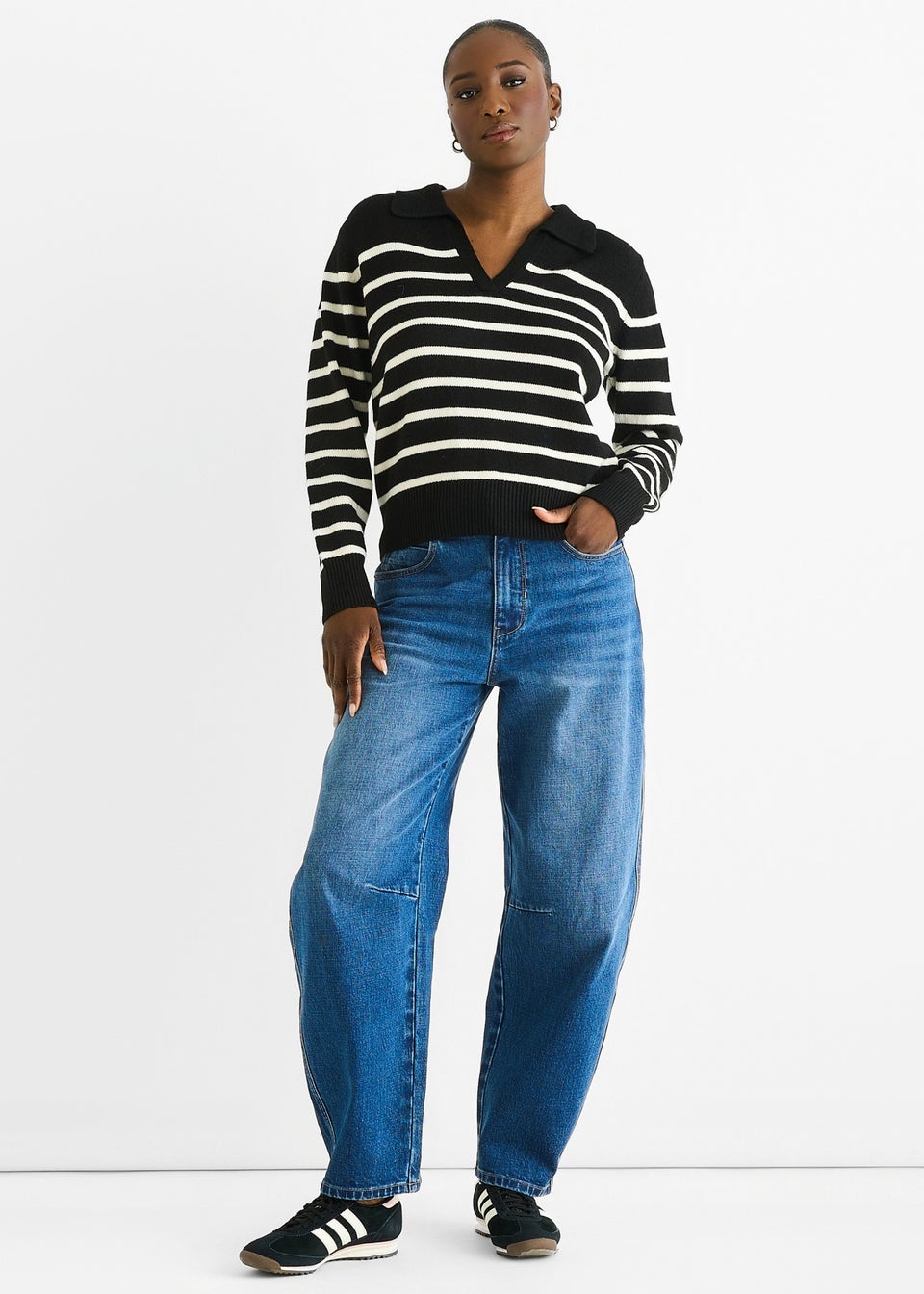 Gini London Black Recycle Stripe V Neck Collar Knit Jumper