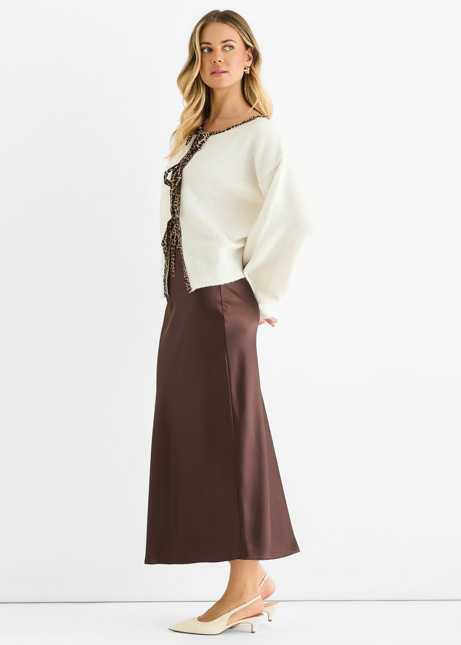 Gini London Cream Contrast Animal Tie Oversized Knit Cardigan