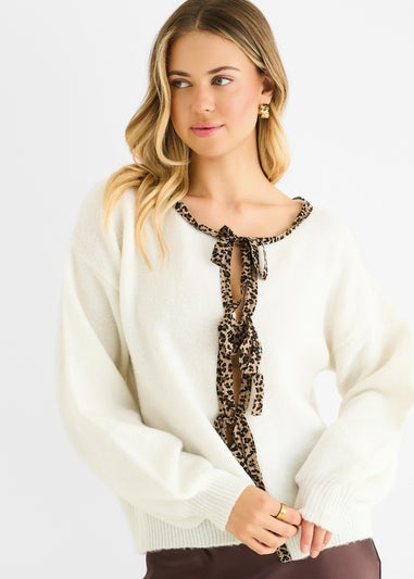 Gini London Cream Contrast Animal Tie Oversized Knit Cardigan