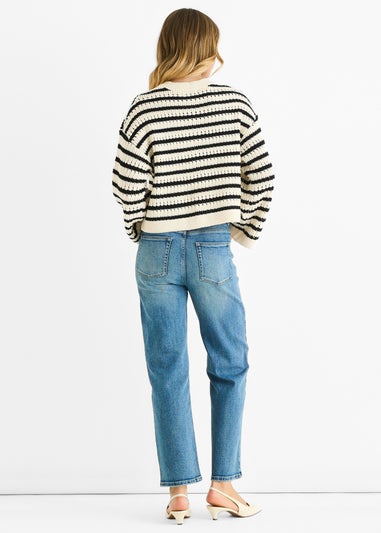 Gini London Cream Stripe Cable Knit Crop Cardigan