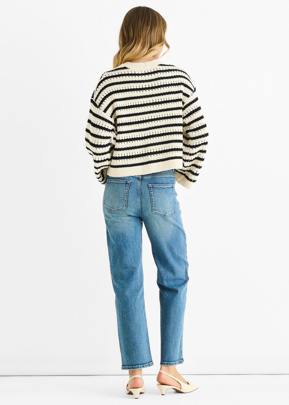 Gini London Cream Stripe Cable Knit Crop Cardigan