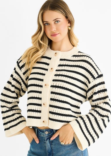 Gini London Cream Stripe Cable Knit Crop Cardigan