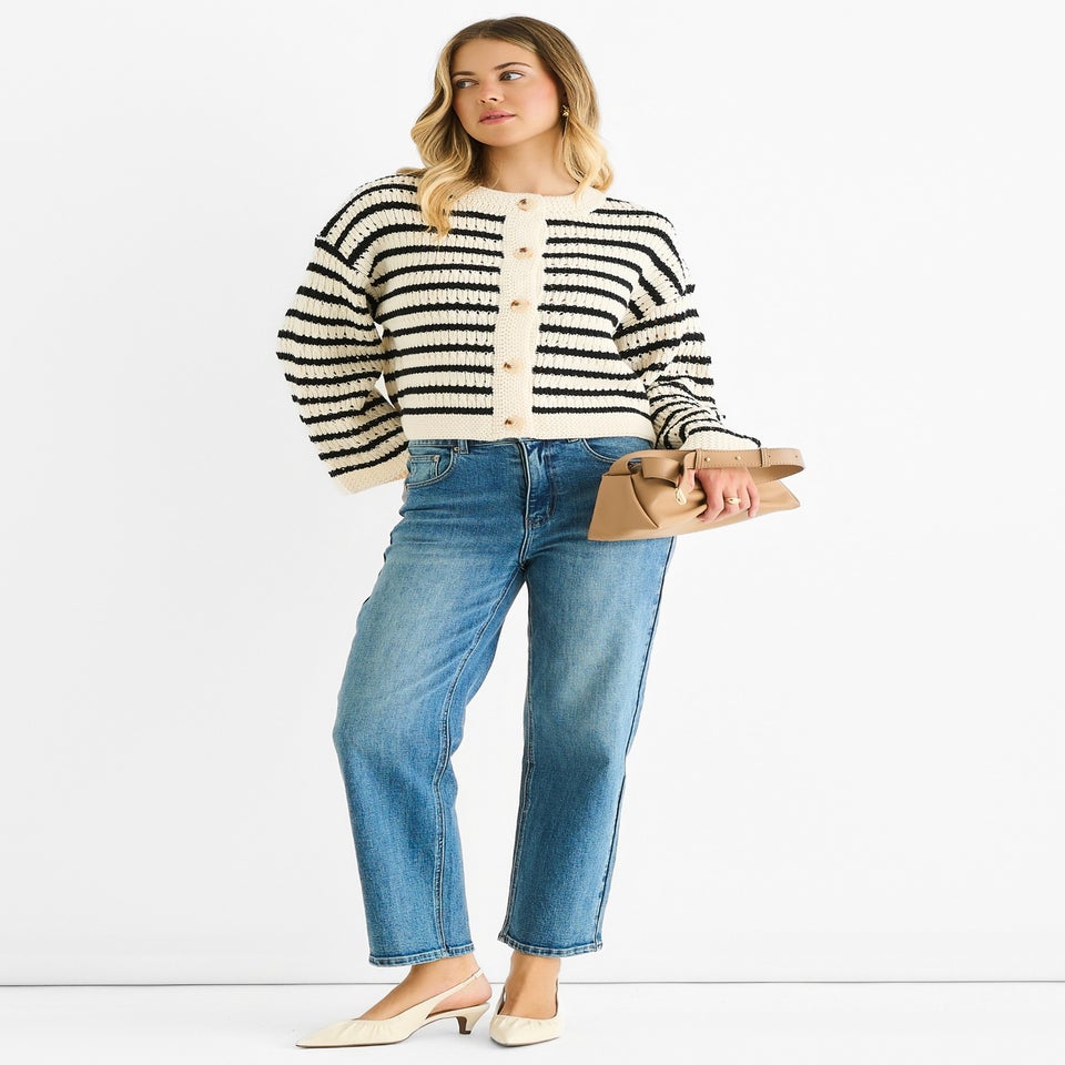 Gini London Cream Stripe Cable Knit Crop Cardigan