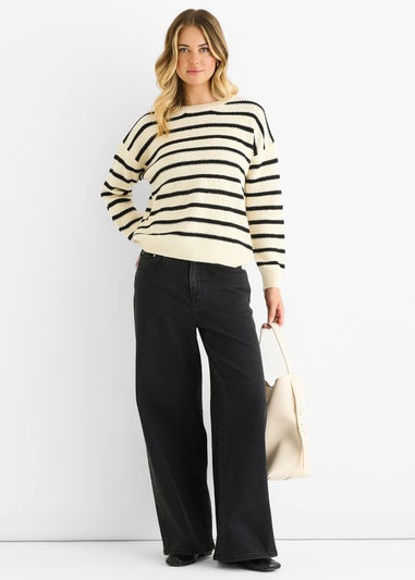 Gini London Beige Stripe Chunky Knit Oversized Jumper