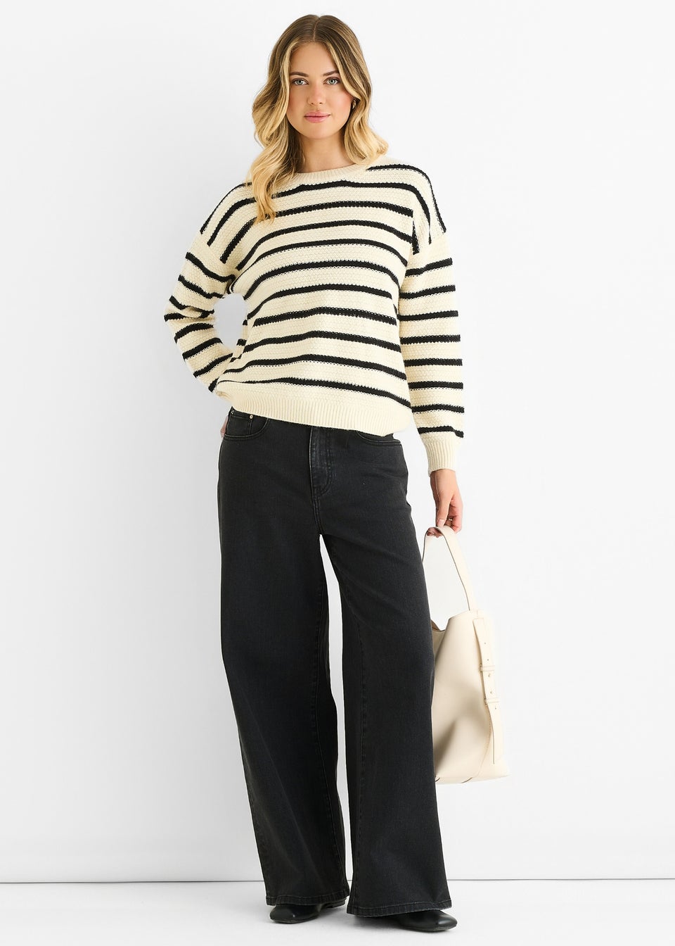 Gini London Beige Stripe Chunky Knit Oversized Jumper