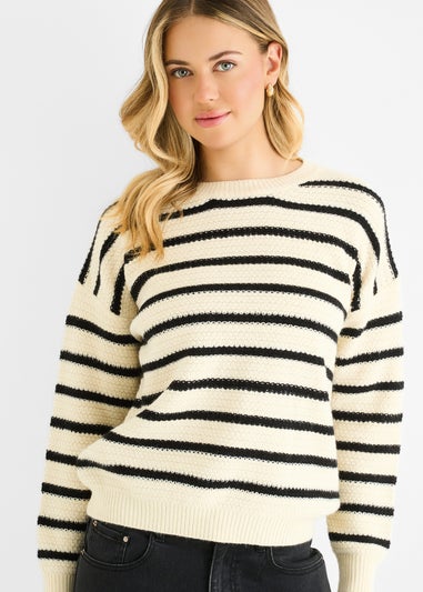 Gini London Beige Stripe Chunky Knit Oversized Jumper