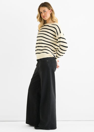 Gini London Beige Stripe Chunky Knit Oversized Jumper