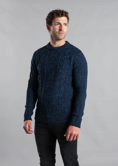 Kensington Eastside Dark Blue Cable Knit Crew Neck Jumper with Wool