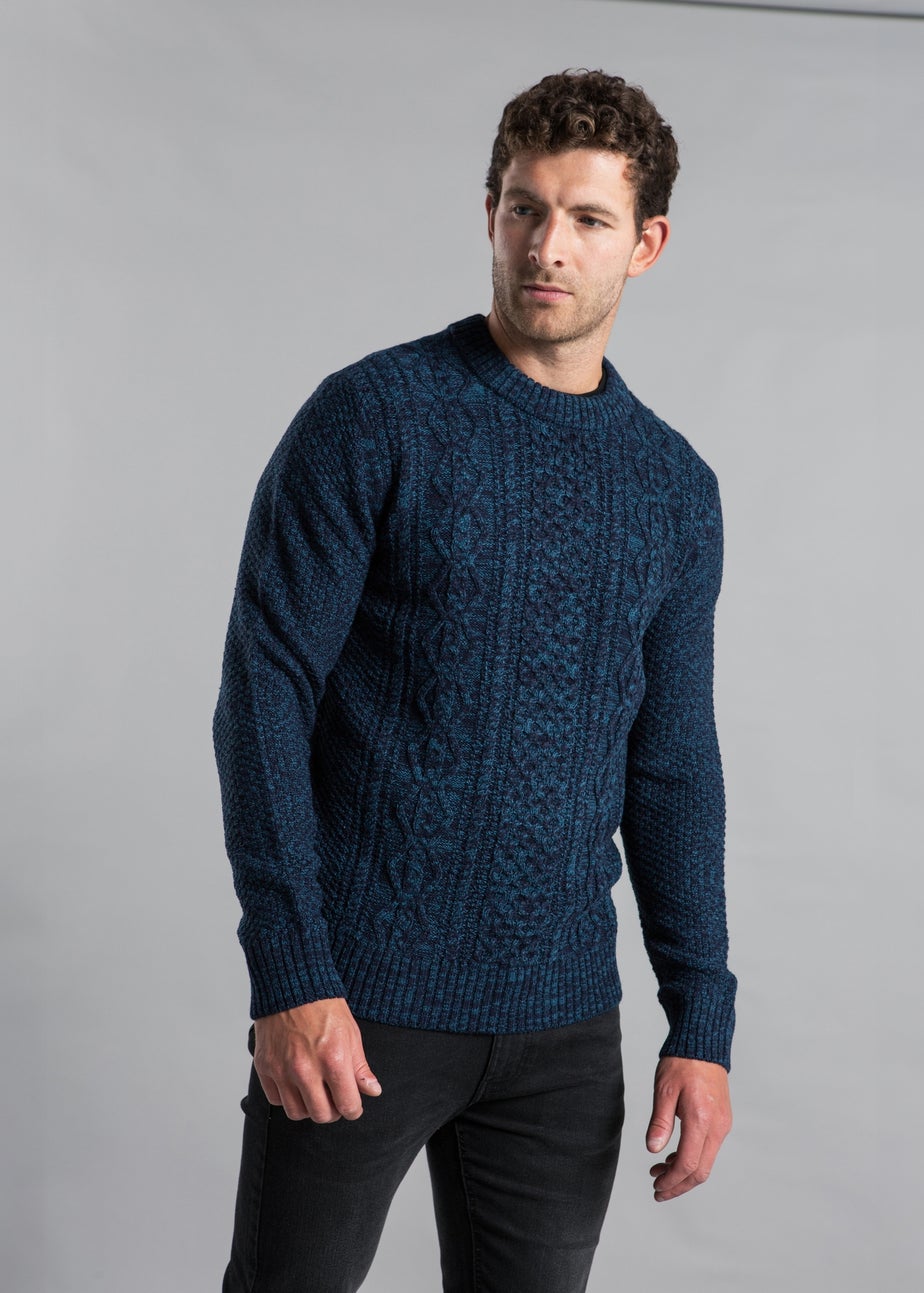 Kensington Eastside Dark Blue Cable Knit Crew Neck Jumper with Wool