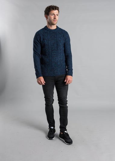 Kensington Eastside Dark Blue Cable Knit Crew Neck Jumper with Wool