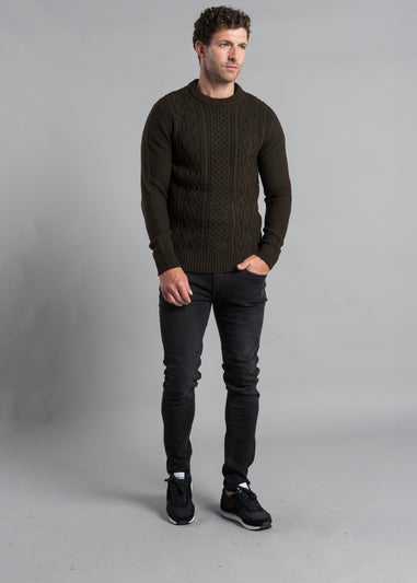 Kensington Eastside Khaki Cable Knit Crew Neck Jumper with Wool