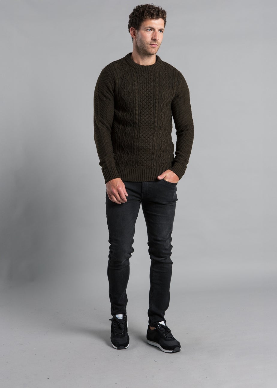 Kensington Eastside Khaki Cable Knit Crew Neck Jumper with Wool