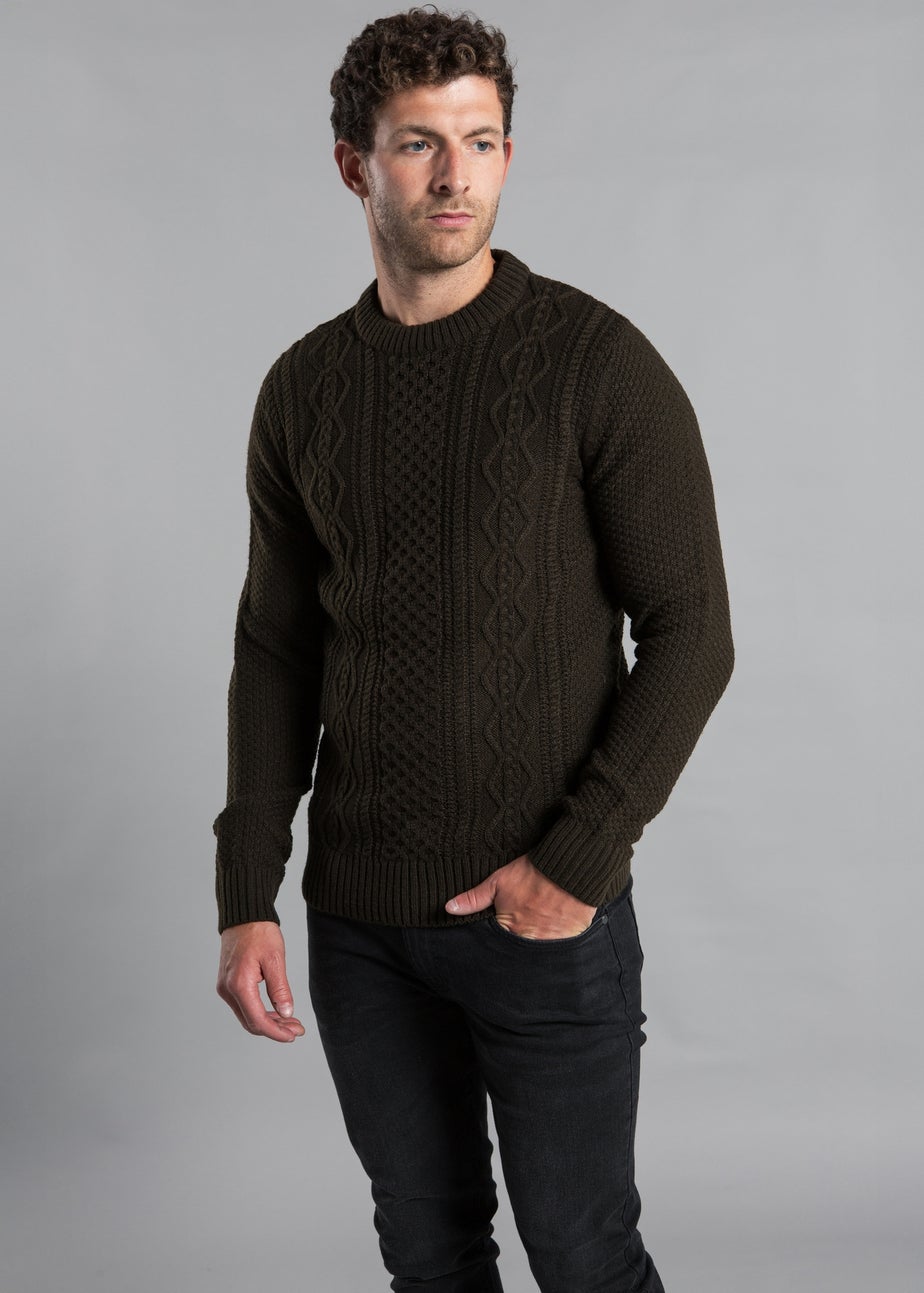 Kensington Eastside Khaki Cable Knit Crew Neck Jumper with Wool