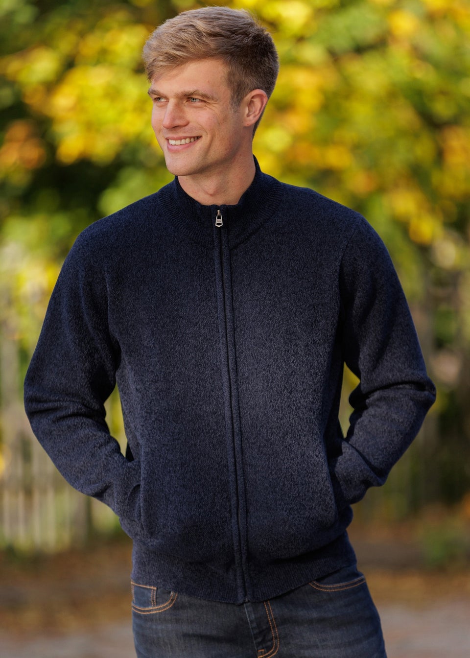 Kensington Eastside Navy Full Zip Cardigan with Checked Faux Fur Lining