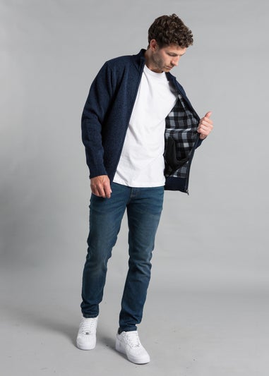 Kensington Eastside Navy Full Zip Cardigan with Checked Faux Fur Lining