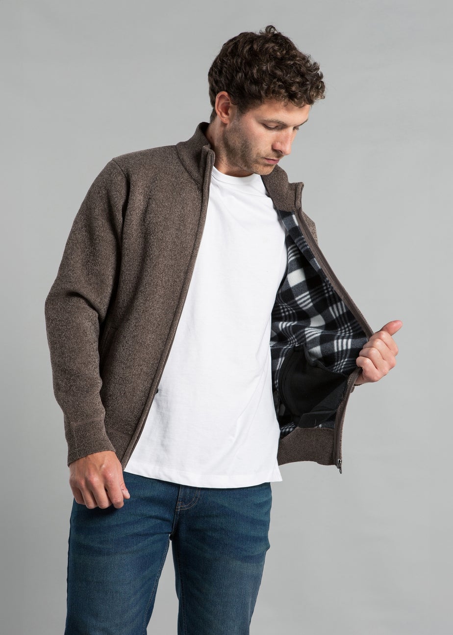 Kensington Eastside Taupe Full Zip Cardigan with Checked Faux Fur Lining