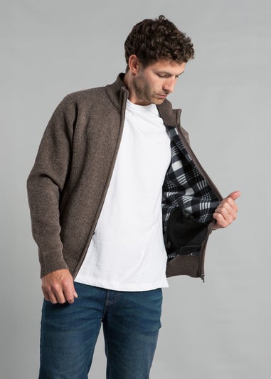 Kensington Eastside Taupe Full Zip Cardigan with Checked Faux Fur Lining