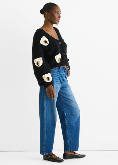 Gini London Black 3D Contrast Teddy Crochet Cardigan