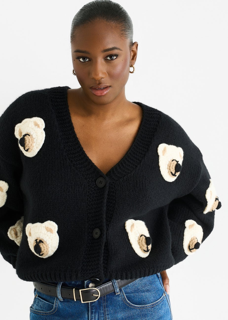 Gini London Black 3D Contrast Teddy Crochet Cardigan