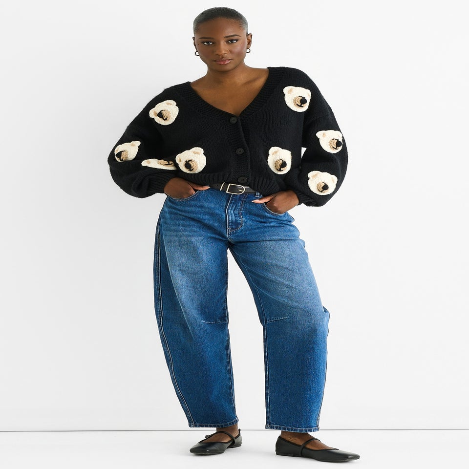 Gini London Black 3D Contrast Teddy Crochet Cardigan