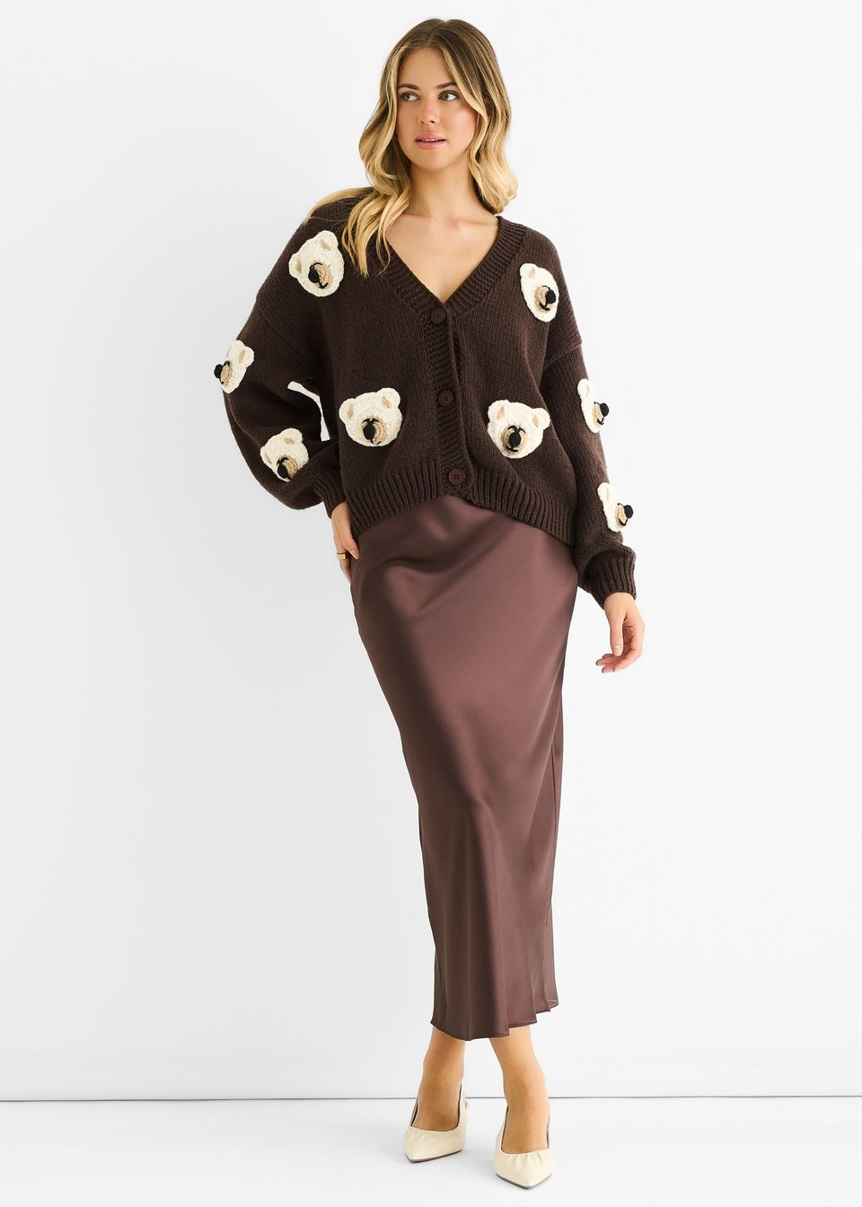 Gini London Chocolate 3D Contrast Teddy Crochet Cardigan