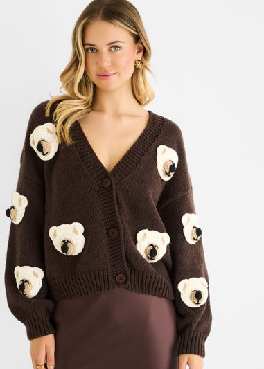 Gini London Chocolate 3D Contrast Teddy Crochet Cardigan