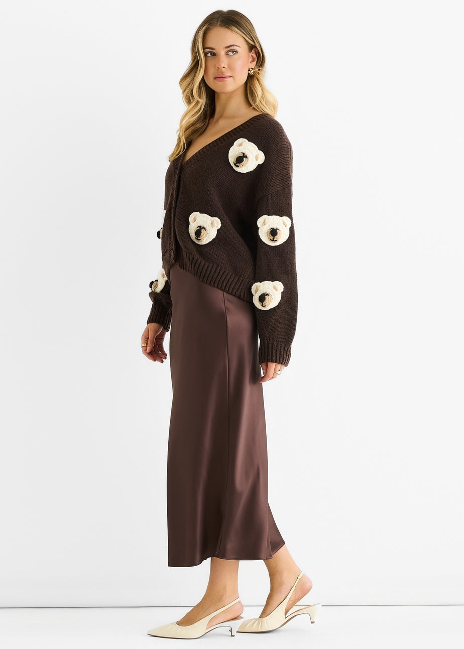 Gini London Chocolate 3D Contrast Teddy Crochet Cardigan