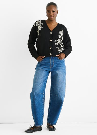 Gini London Black Floral Applique Wool Mix Cardigan