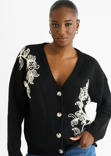Gini London Black Floral Applique Wool Mix Cardigan